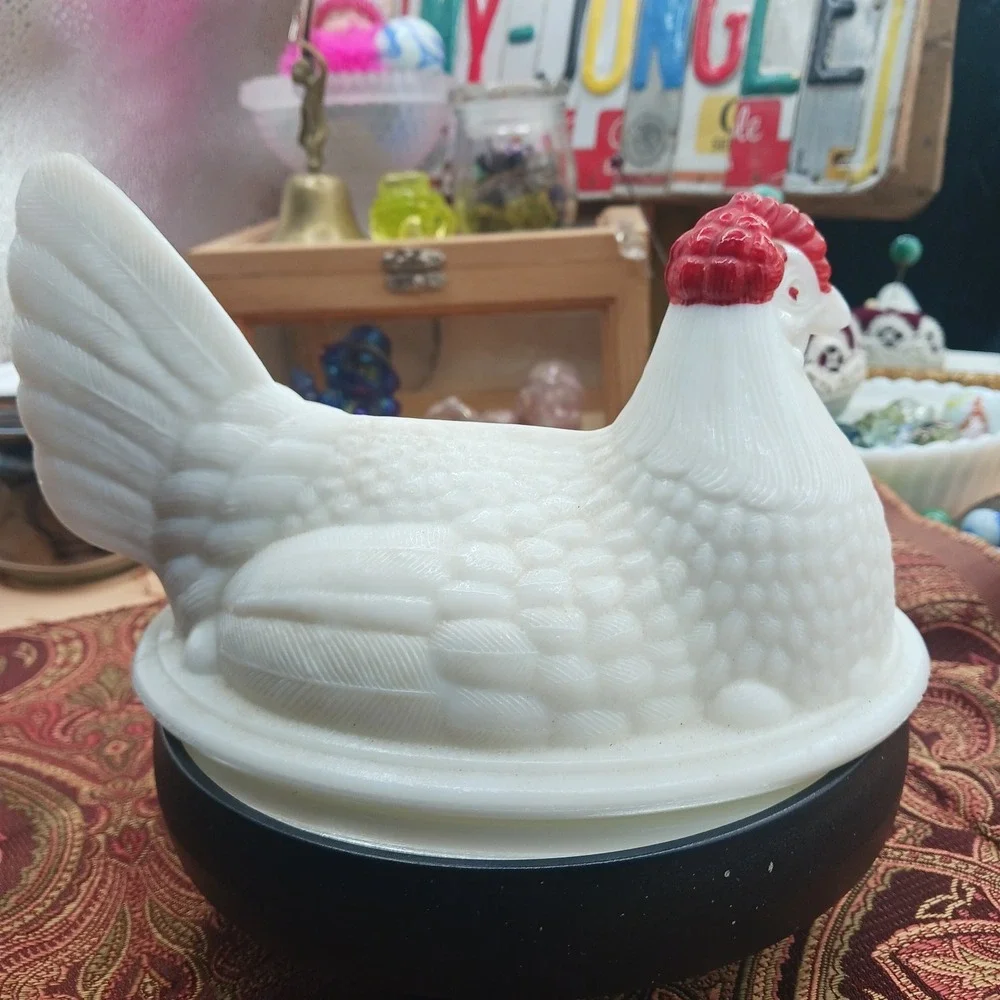 Vtg Westmoreland Hen On Nest HON White Milk Glass Split Tail TOP LID Only *Crack